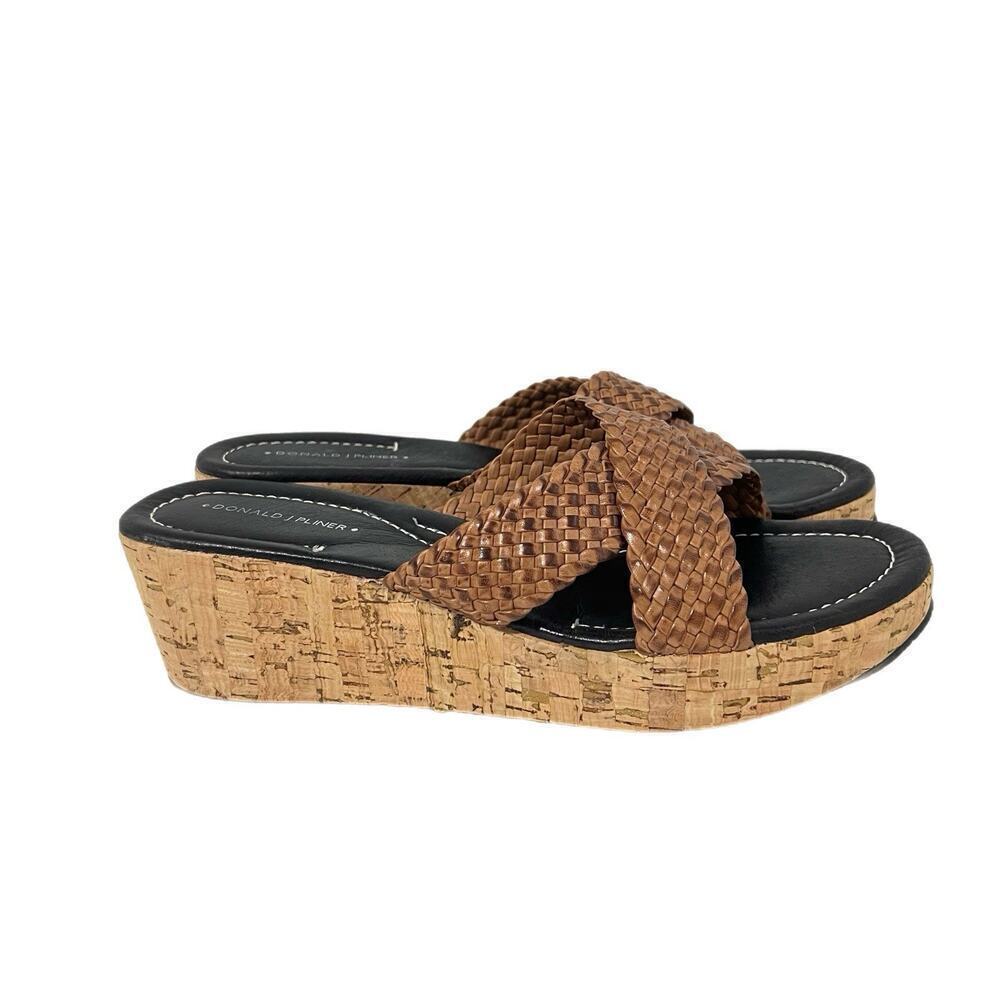 Donald J Pliner Criss Cross Woven Sandals 10 Brown Leather Cork Wedge Platform